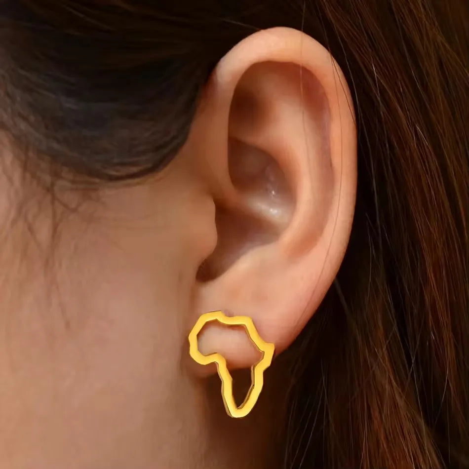 Manufacturer 18K Gold Plated Stainless Steel Africa Map Outline Pendant Earrings for Men and Women Afro African Stud Earrings