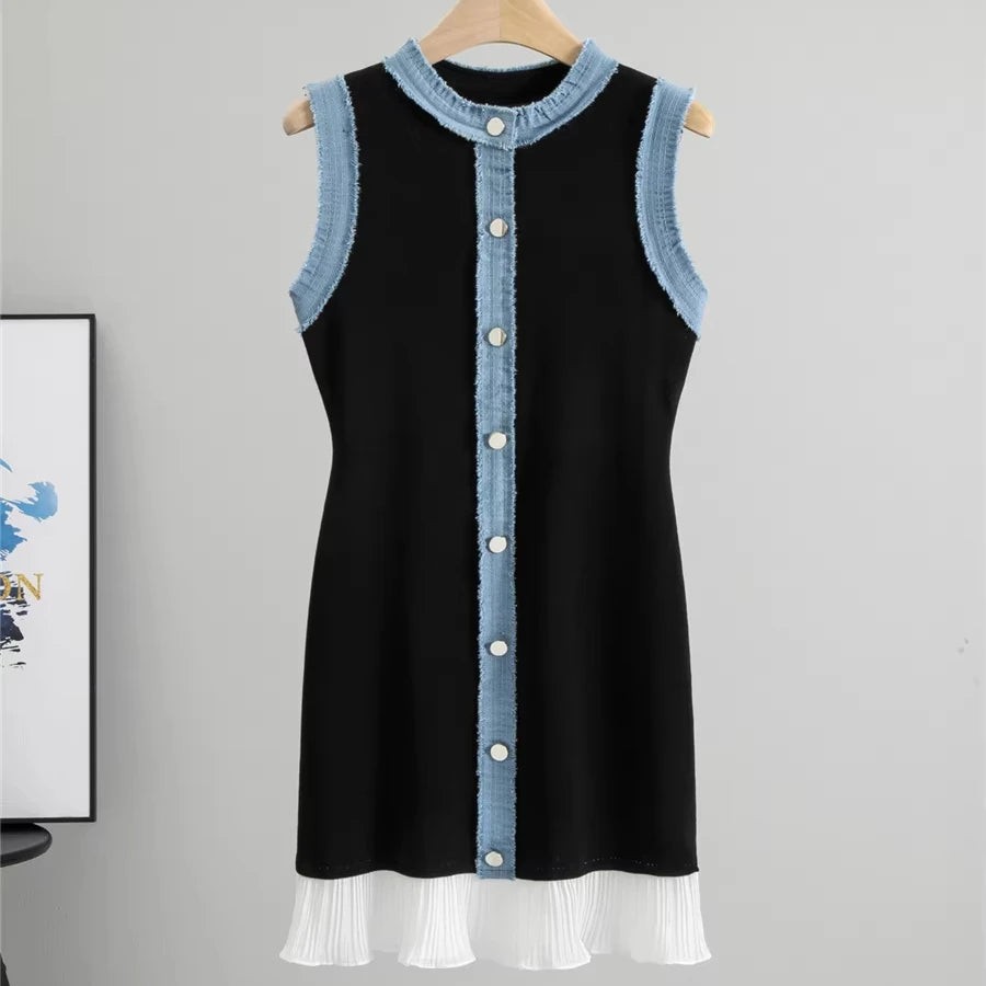 New Arrival Summer Elegant Slim Fit Denim Knitted Casual Women Empire O-Neck Ruffles Hem High Quality Sleeveless Knit Dress