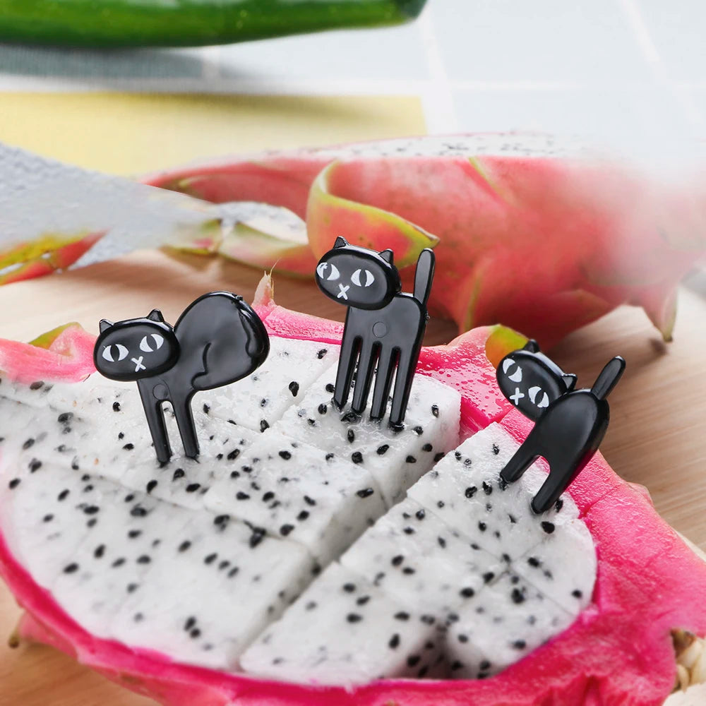 HelloWorld 6pcs/pack Bento Lunches Toothpick Tableware Mini Cartoon Black Cat Fruit Fork Snack Cake Dessert Food Fork Party Decor