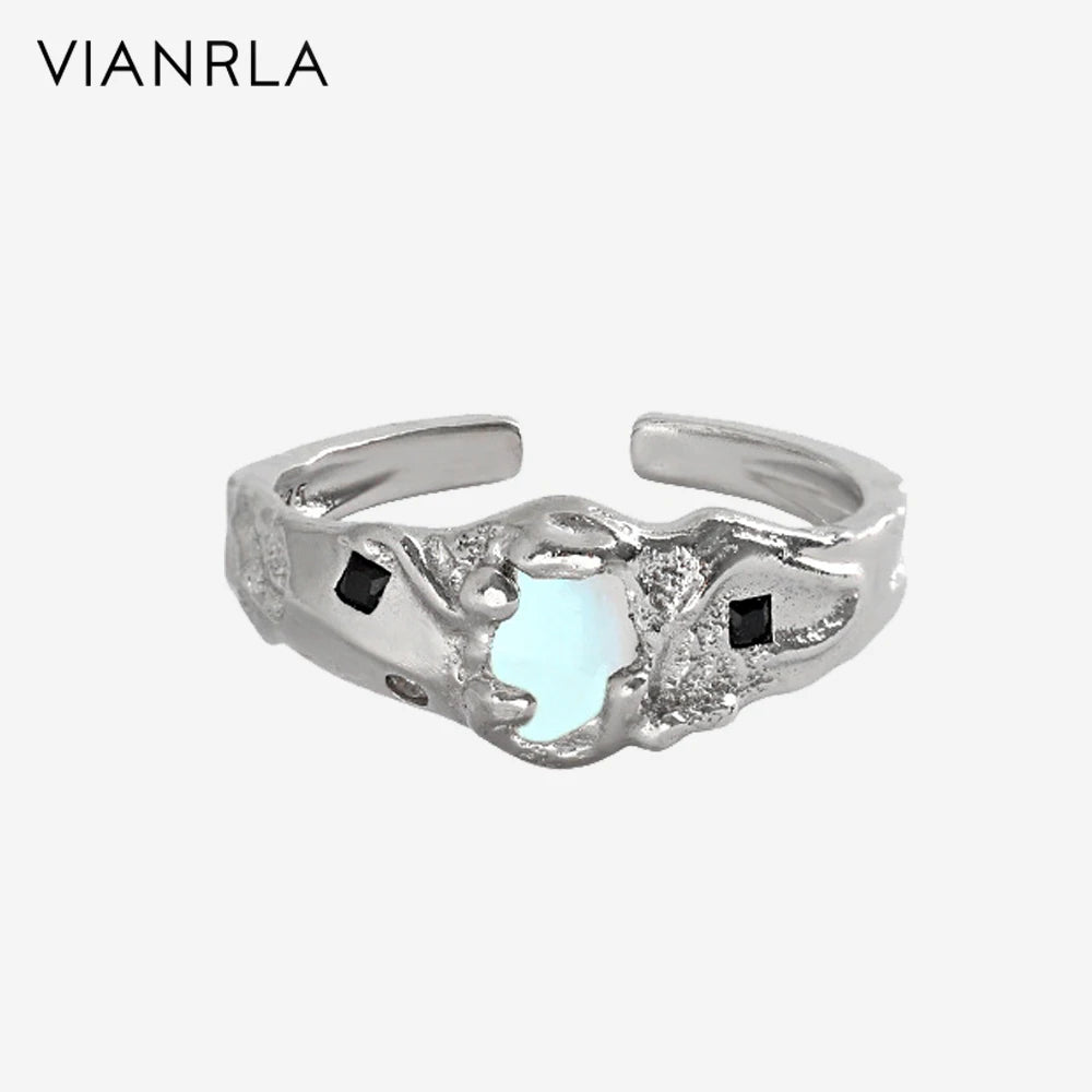 VIANRLA 925 Sterling Silver Dainty Adjustable Open Ring Synthetic Moonstone Ring