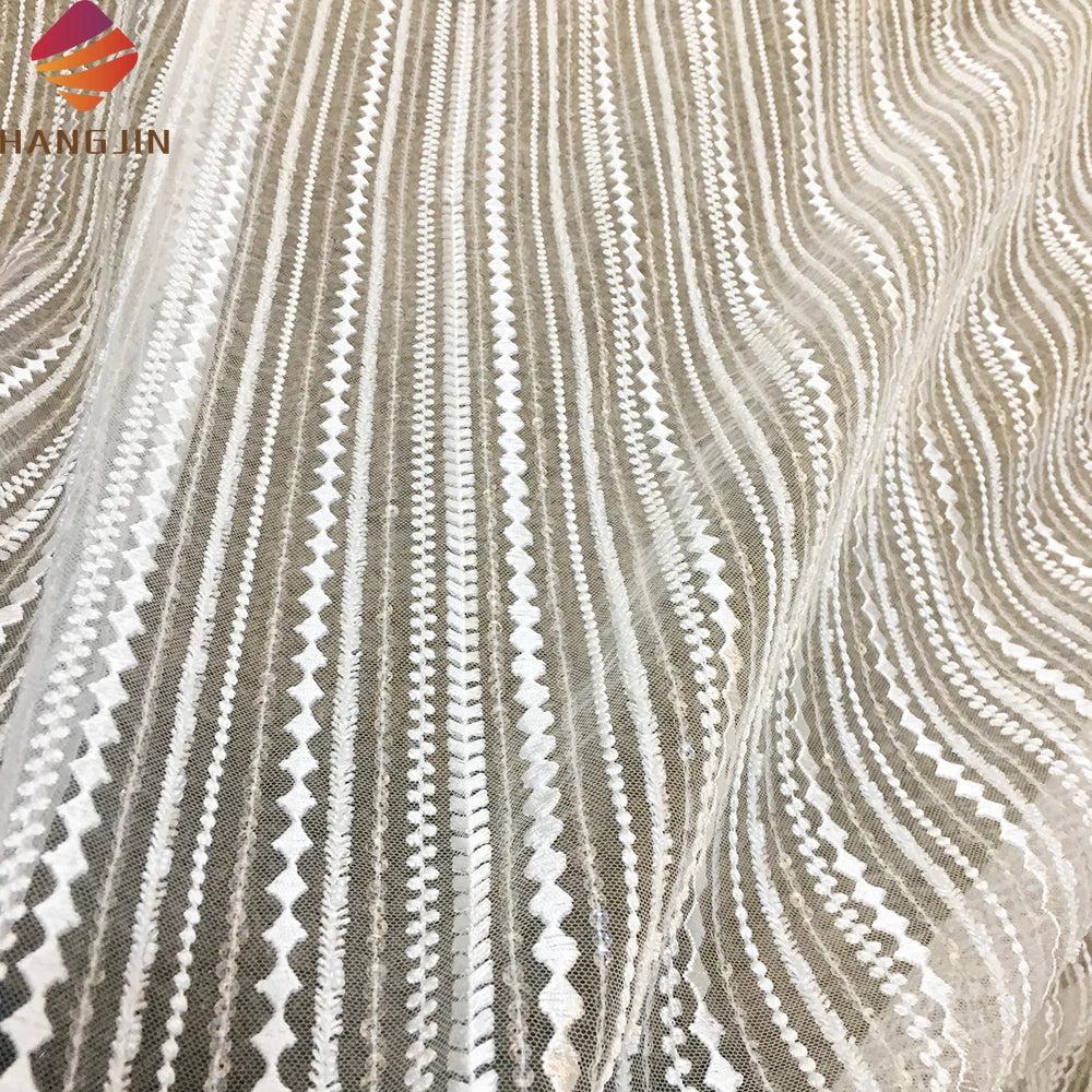 Geometric Wedding Fabric Embroidery Grid Lace Ivory White Luxurious Beading Lace Fabric for Women Dress