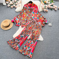 Women's Sets Fashion Print Lantern Sleeve Draped Shirt High Waist Casual Pants Two Piece Set American Clothing Wholesale