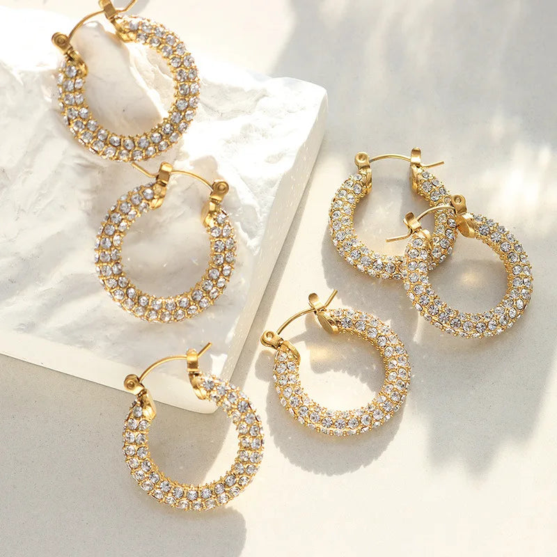 Luxury Sparkle 18k Gold Pvd Plated Shiny Party Micro Pave Stainless Steel Hoop Earring Non Tarnish & Waterproof Jewelry