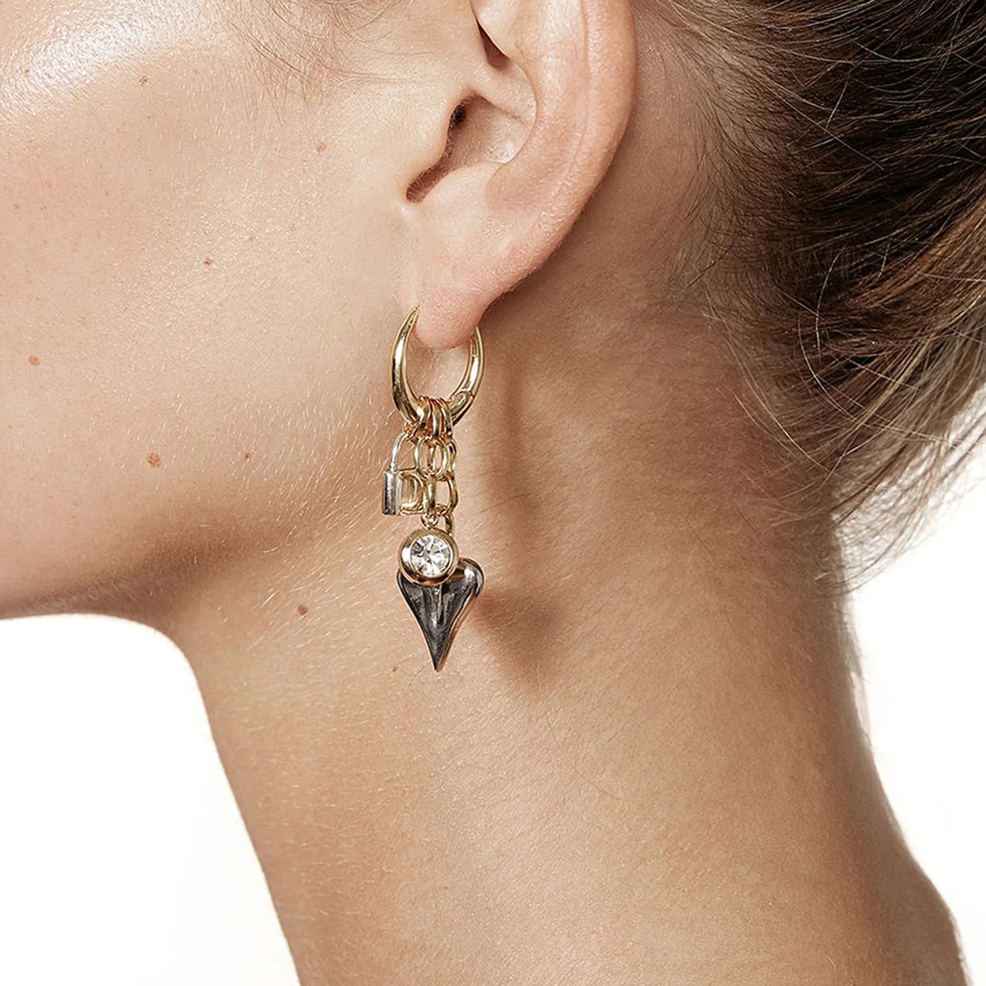 New Arrival Modern Fashion 18K Gold Stainless Steel Earring Zircon Chubby Heart Zircon Lock Pendant Chain Earrings