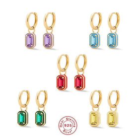 Wholesale Luxury COlor Square Zircon Pendant S925 Sterling Silver Hoop Earring Jewelry