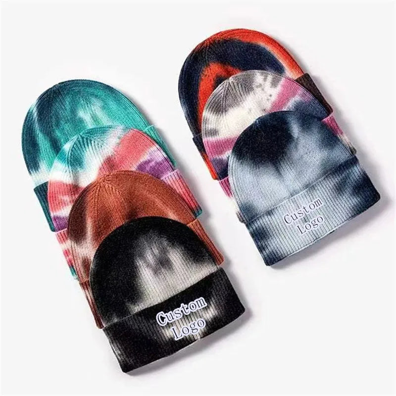 Warm Winter Cuff Hats Design Multicolor Acrylic Knitted Fisherman Beanie Sport Tie Dye Beanie Cap