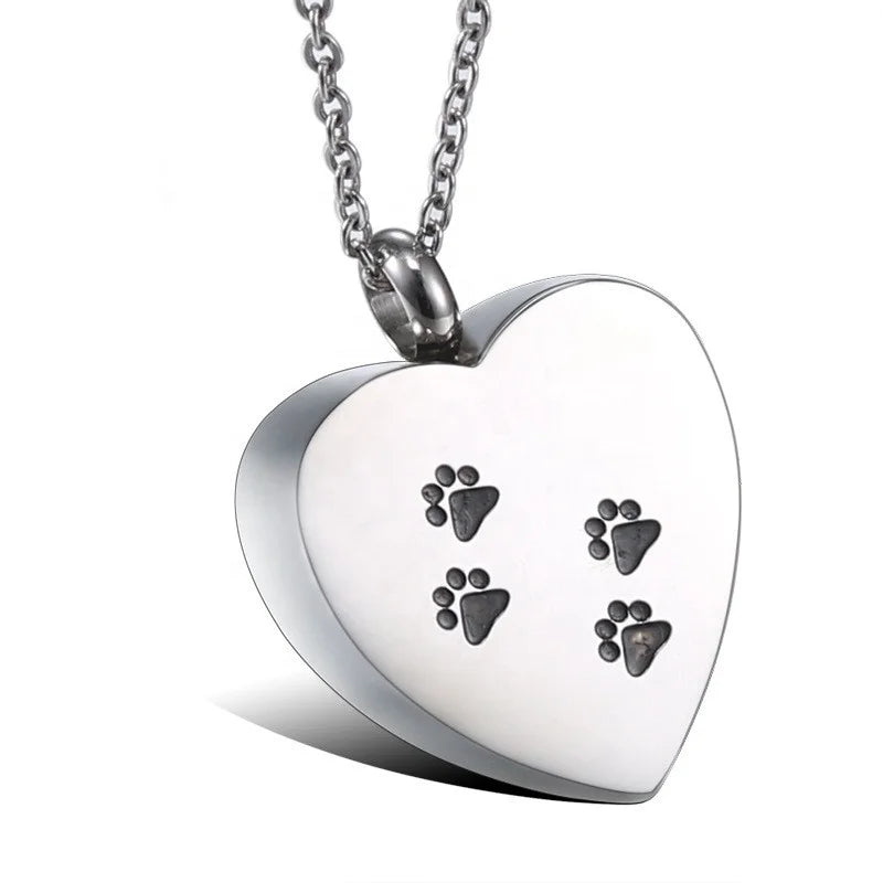 SSeeSY Custom logo Heart Cremation Pendant Memorial Ash Keepsake Puppy Dog Cat Paw Pet Print Urn Stainless Steel Pet Necklace
