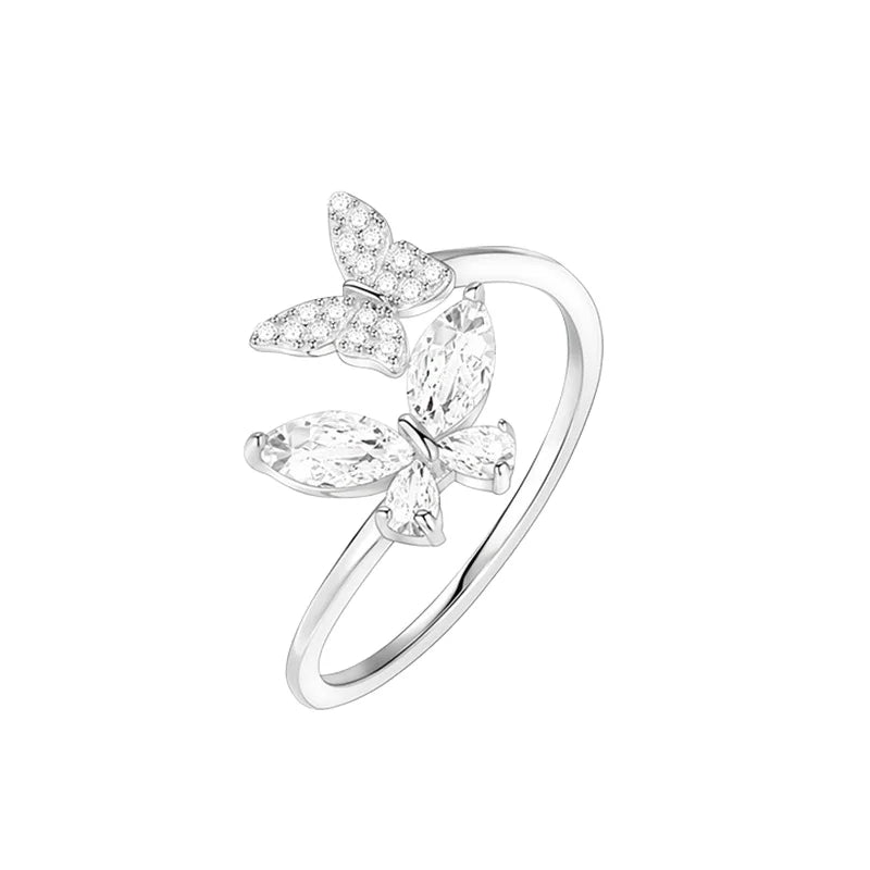 Cute Fashion Double Butterfly Ring Crystal Zirconia Summer Jewelry Adjustable Resizable 925 Silver Ring for Girls Women