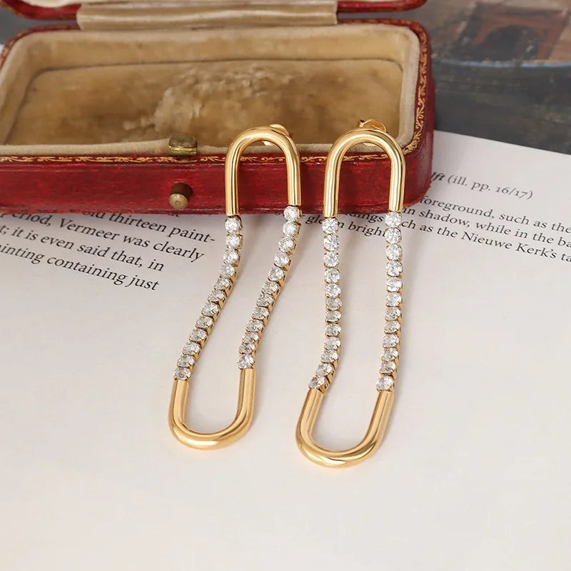 Exaggerated Fashion Stainless Steel Long Tassel Gold Plated Les Boucles D'oreilles Acier Inoxydable Zircon Earrings for Women