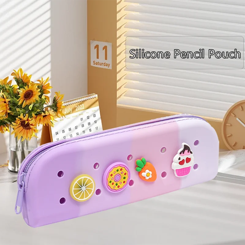 Custom Logo Croc Hole Silicone Pencil Case Back to School Stationery Kids Creative Cute DIY Pen Bag Multifunction Storage Pouch