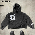 Custom Wholesale Clothing Manufacturers Streetwear Distressed Applique Embroidered Vintage Acid Wash French Terry Hoodie for Men
