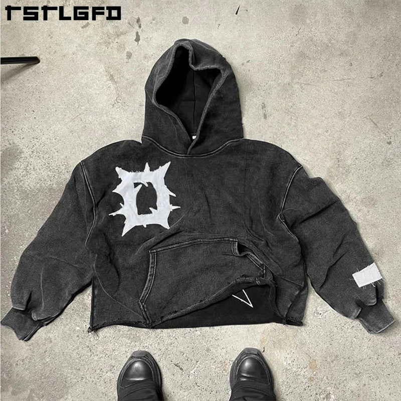 Custom Wholesale Clothing Manufacturers Streetwear Distressed Applique Embroidered Vintage Acid Wash French Terry Hoodie for Men