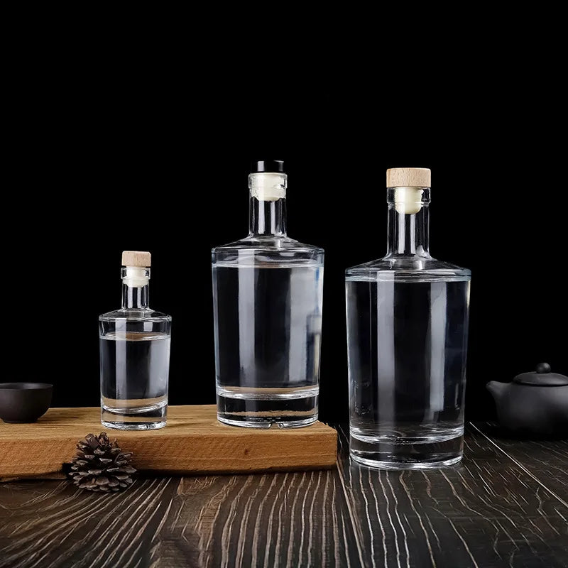 100ml 500ml 750ml Flat Shoulder Clear Empty Glass Liquor Glass Bottle With Stopper for RimVodkaWhiskyGin