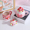 Factory Direct Sell Hand Made pink Strawberry Cake Rabbit Ceramic Coffee Mug Embossed Bow Ceramic Teapot