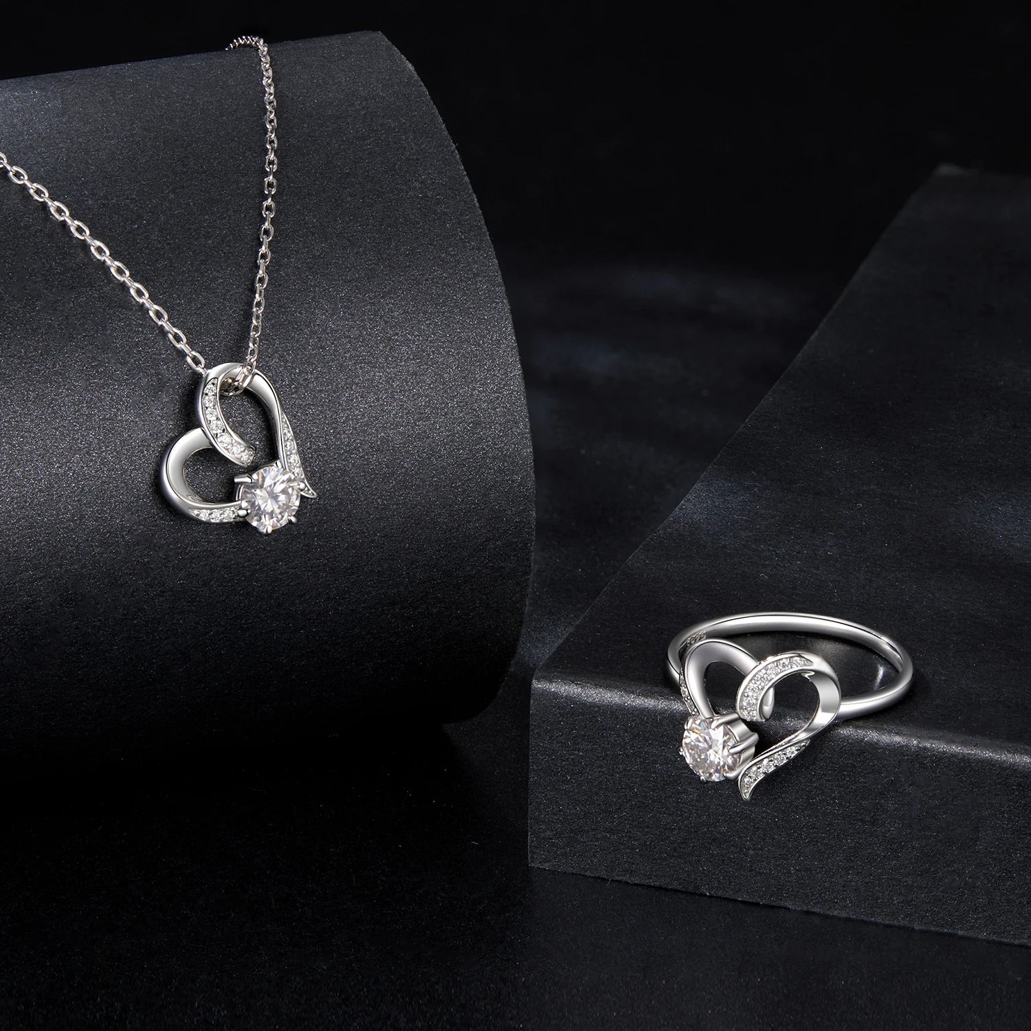 Fashion Women Double Heart Moissanite Pendant Necklace Ring Set for Women Engagement Anniversary Gift Moissanite Jewelry Set
