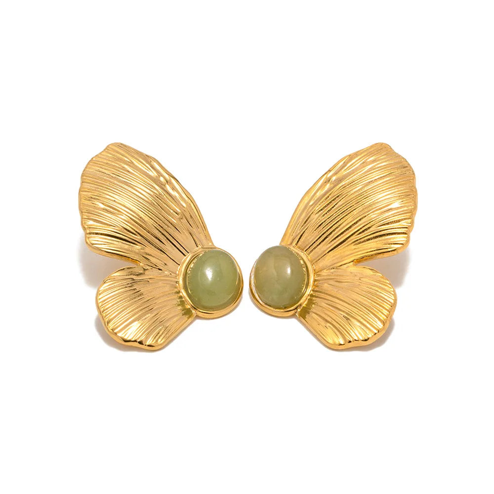 New French Design Vintage Butterfly Earrings Stud Natural Green Stones Earrings in 18K Real Gold Plated Stainless Steel Jewelry