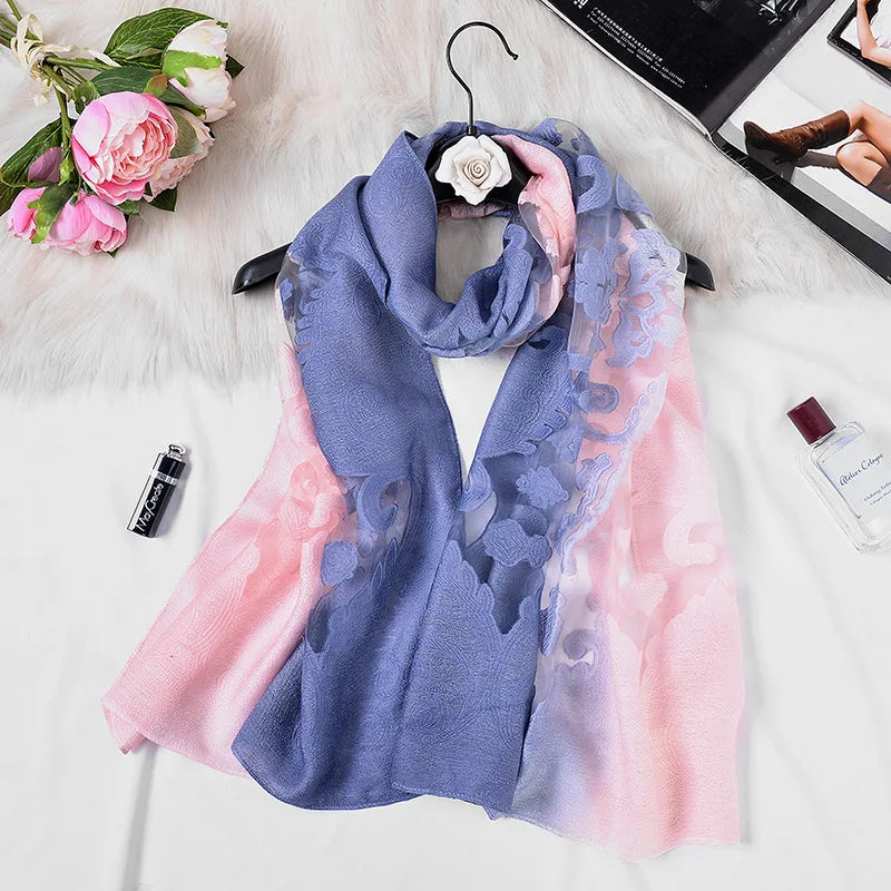 Color Matching Women Scarf Summer Silk Scarves for Lady Shawls and Wraps Organza Hollowed Flowers Beach Stoles Bandana Foulard