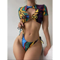 Bandage Color Blocking Hollow Bikini 2-Piece Set Short Sleeve Swimsuit Quick Dry Removable Padded Breathable Spandex/Polyester
