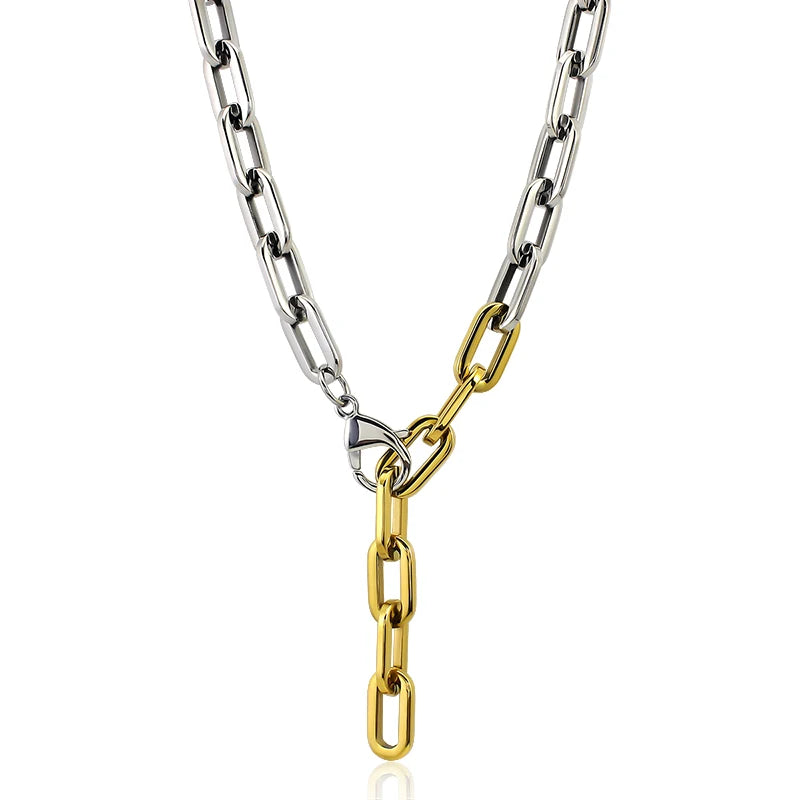 Two Tone Color Choker Necklace for Women Men with Long Chain Charm Hip Hop Big Chunky Stainless Steel Statement Necklace