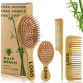 Custom Logo Hair Brush Wide Tooth Detangler Eco-Friendly Natural Bamboo Wood Bristle Scalp Massage Self-Cleaning Round Comb Set