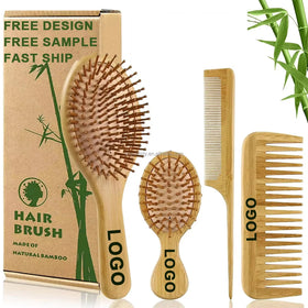 Custom Logo Hair Brush Wide Tooth Detangler Eco-Friendly Natural Bamboo Wood Bristle Scalp Massage Self-Cleaning Round Comb Set