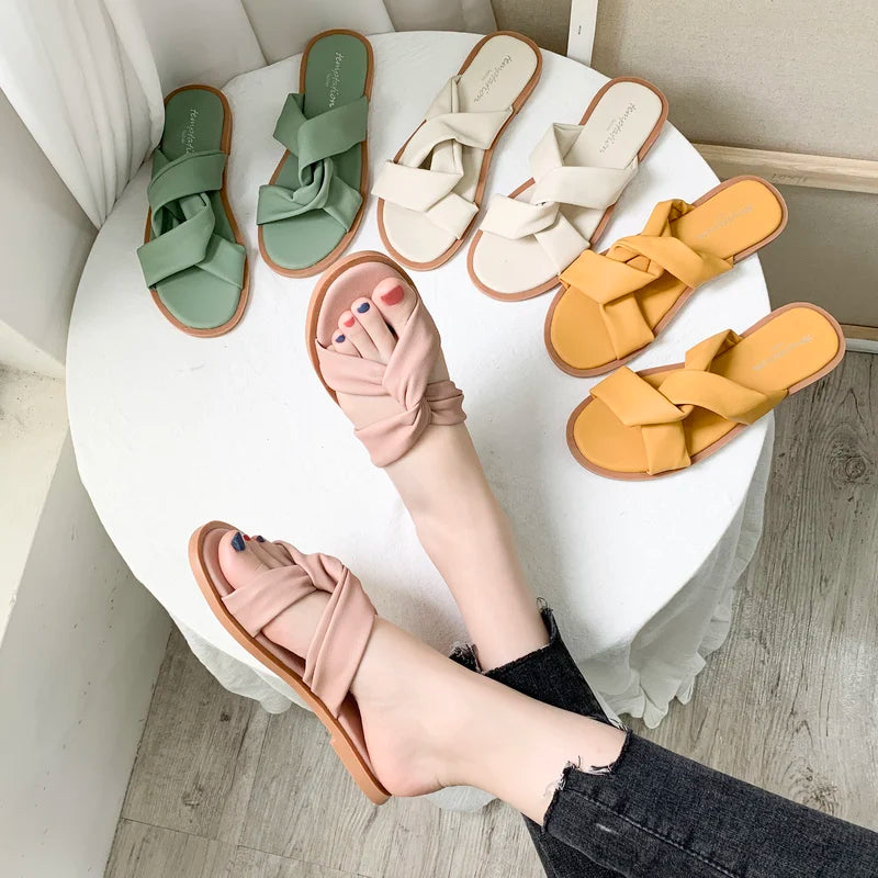 Cross PU Flat slippers Women Sandals 811