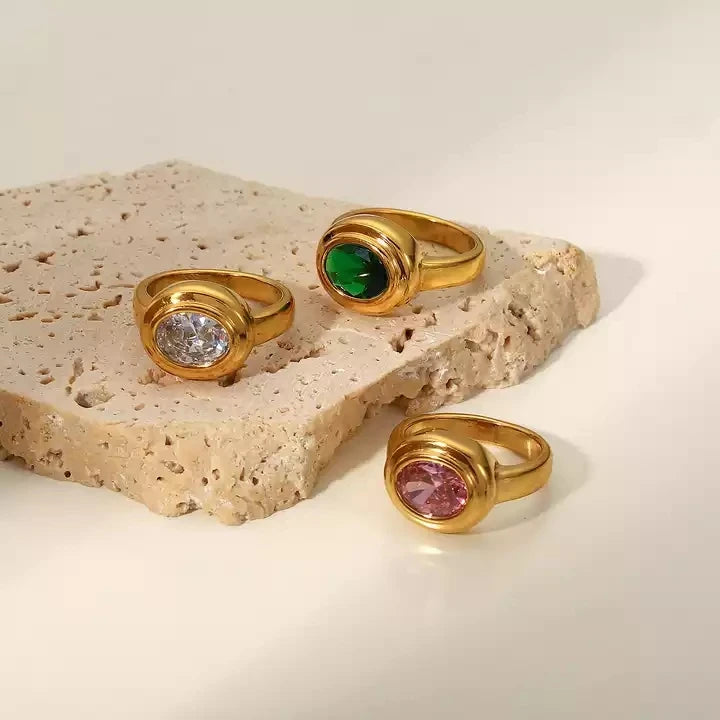 SC Fashion Minimalist 18K PVD Gold Plated Zircon Finger Rings Stainless Steel Jewelry Engagement Paved Oval CZ Zircon Rings