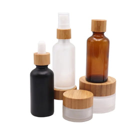 Bamboo Cosmetic Packaging 30ml 50ml 100ml Glass Bottles and Jars with Bamboo Dropper Lid for Skin Care Cream Spray Lotion