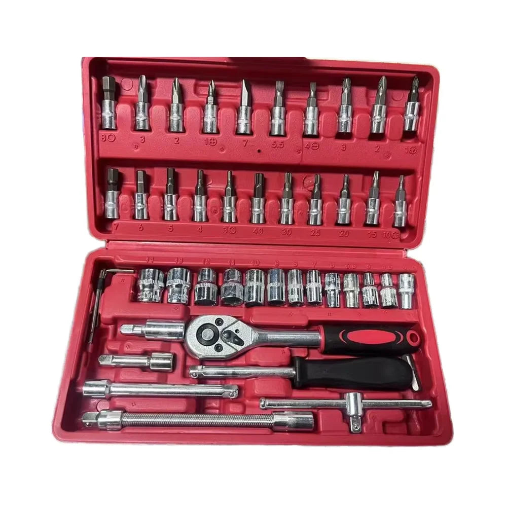 46-Pieces 1/4 Inch Drive Socket Ratchet Wrench Tool Set Plastic Case with Bit Socket Extension Bar for Auto Hand Tools
