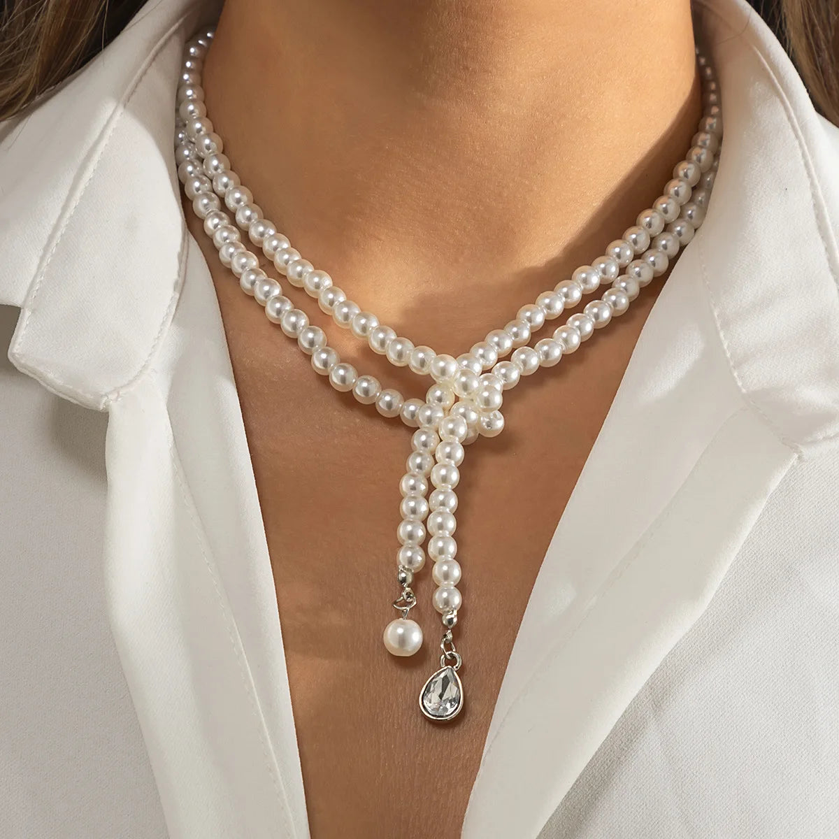 Vintage Imitation Pearl Drop Drill Pendant Collarbone Collars Temperament Beaded Braided Double-layer Necklace