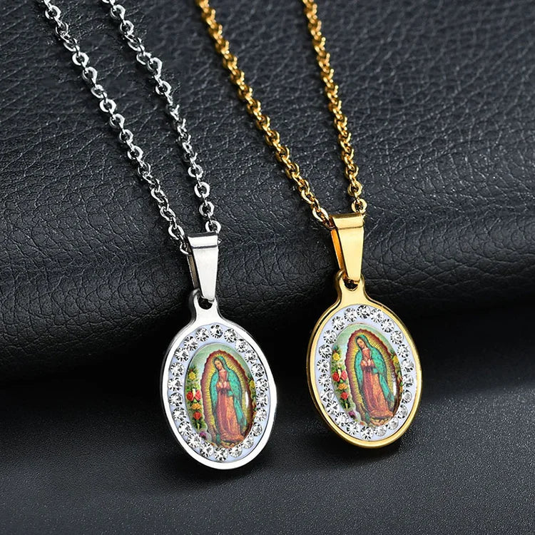 Exquisite Diamond Inlaid Stainless Steel Women's Necklace Colorful Virgin Mary Necklace Fashion Dropping Gel Pendant Necklace