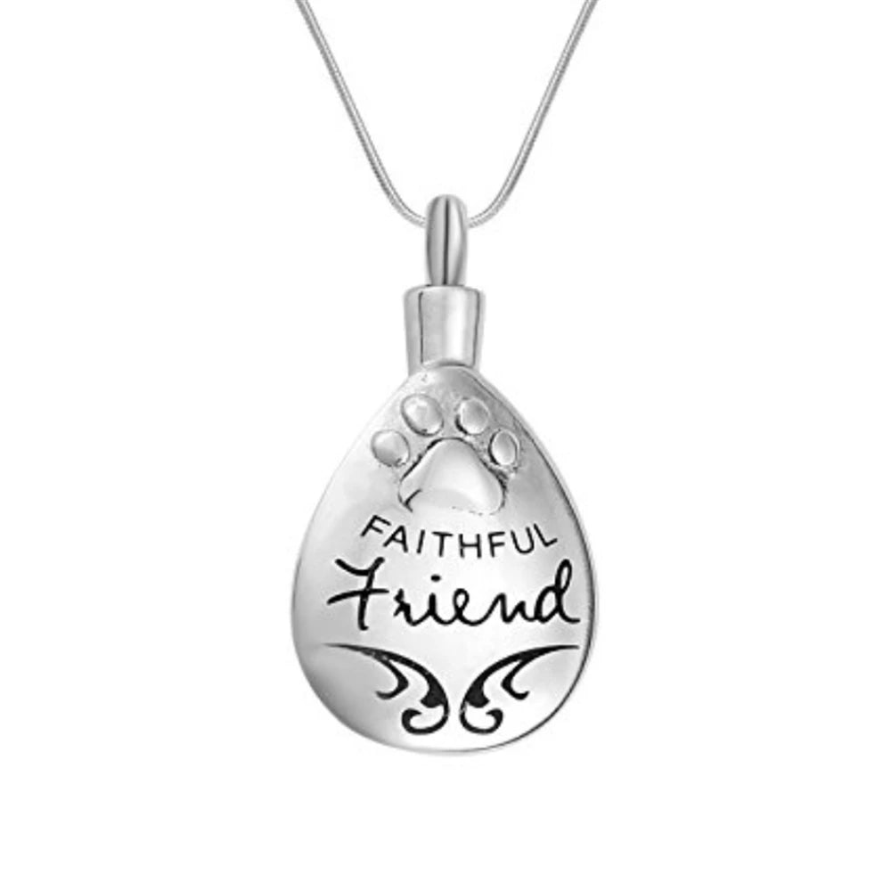 Children's Stainless Steel Silver Plated Water Drop Tear Drop Paw Print Memorial Urn Pendant Necklace for Pet Cremation Ashes