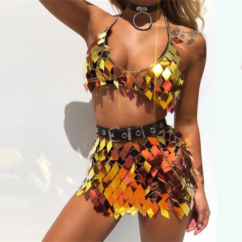 Sexy Hollow Out Mini Skirt Summer Sequins Lady Outfits Halter V-Neck Backless Camis Fashion Rave Festival Body Chain Set