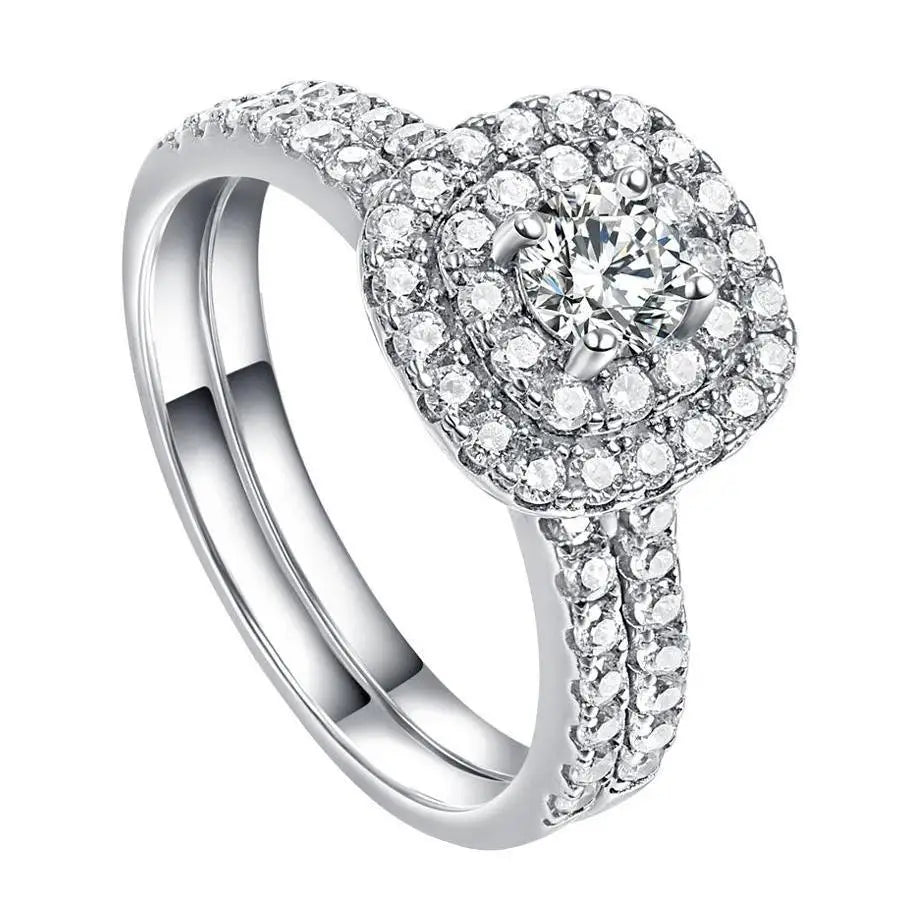 925 Sterling Silver Double Halo Engagement Wedding Jewelry Set Cubic Zircon Geometric Gold-Plated Trendy Bridal Rings