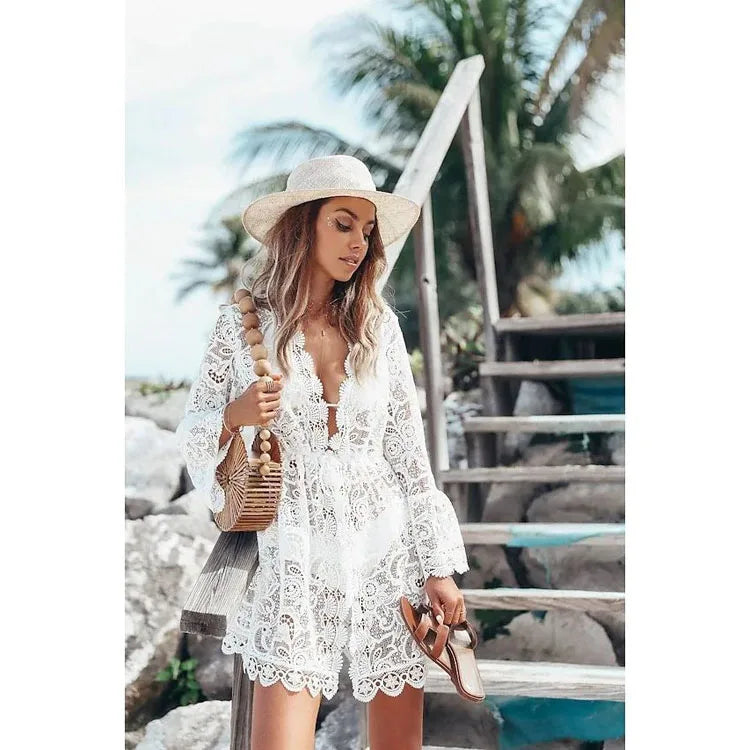 S-3XL Lace Beach Skirt Wholesale See Through Cover up Custom logo V Neck Bikini Cover up Factory Directly