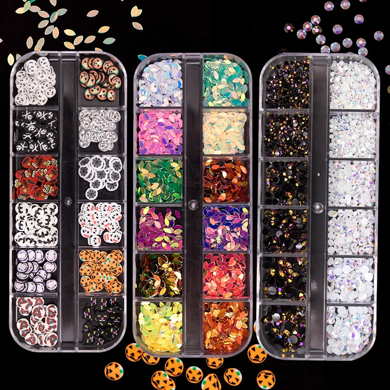 12 Grid Colorful Jewelry Sequin Nail Decorations AB Flat Back 3D Glitter Nail Art Sequin