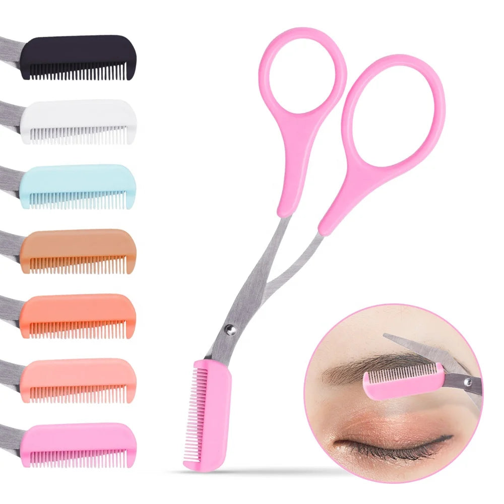 Stainless Steel Eyebrow Trimmer Scissors With Comb Hair Grooming Shaping Shaver Eyelash Hair Clips Hair Remover Makeup Tools
