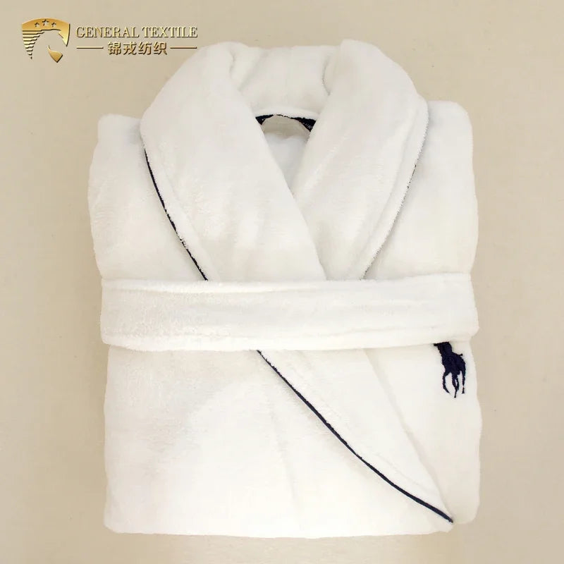 Cotton Embroidered Piping White Hotel Terry Velour Bathrobe