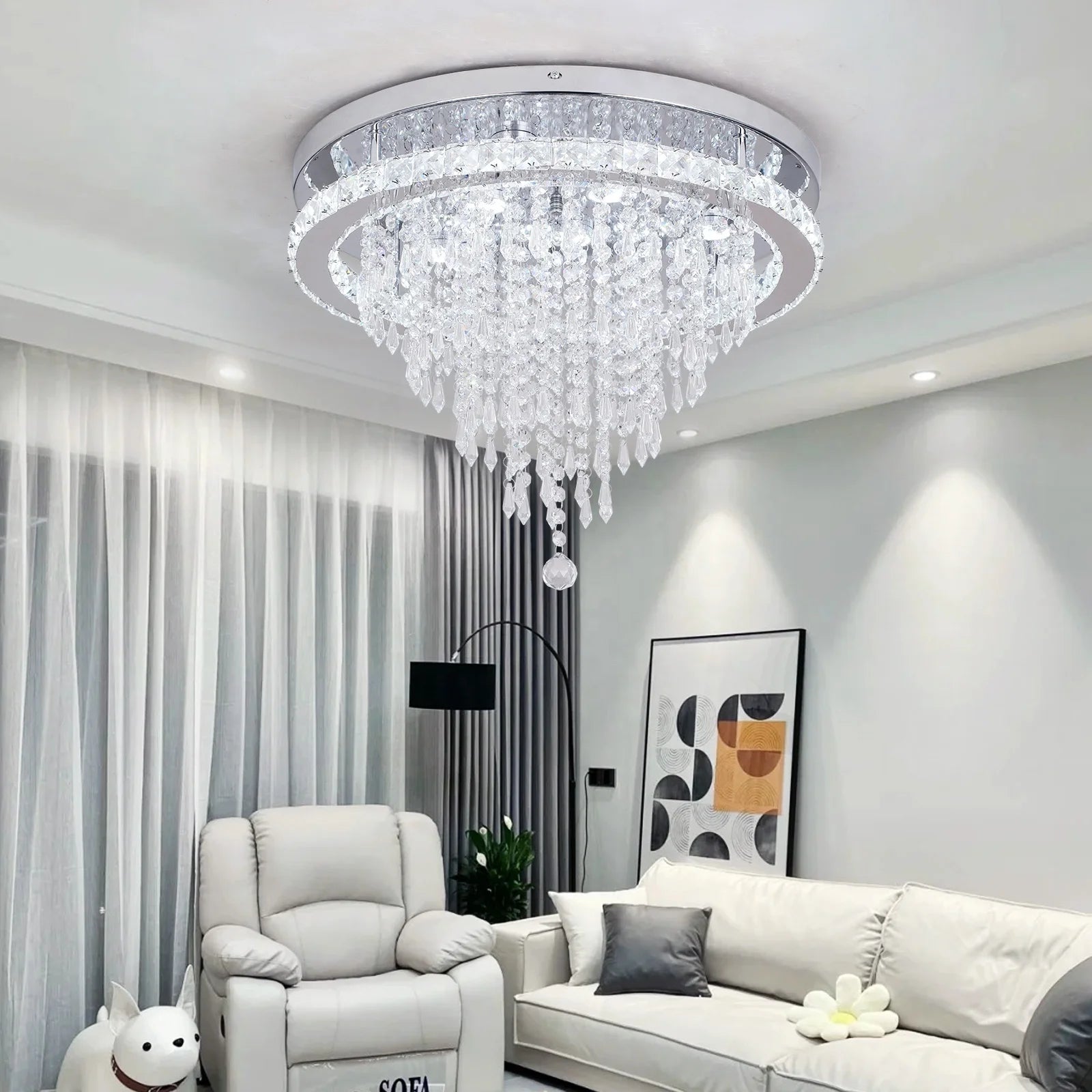 Led Flush Mount 46W Crystal Hanging Cluster Dimmable Ceiling Lights Lamps