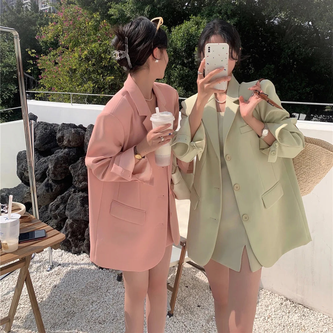 One-size Spring New Loose Solid Color Retro Casual Temperament Medium Length Women's Coat blazer