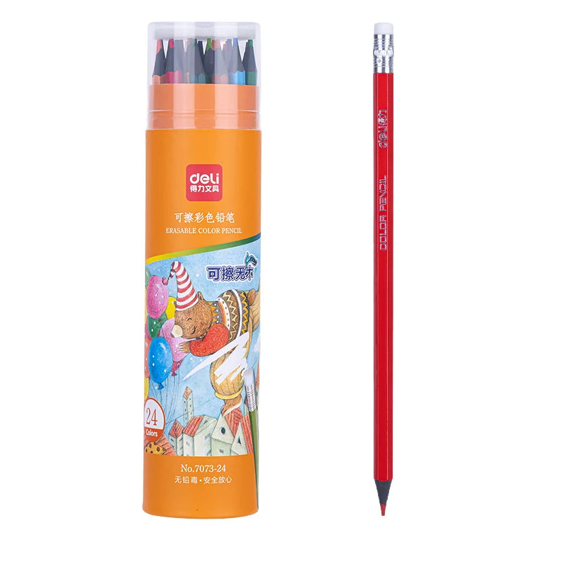 Deli 7073-24 24pcs/barrel Colored Pencil with Rubber Head Hexagon Erasable Colored Pencil 96barrel*24pcs=2304pcs Per Carton Set