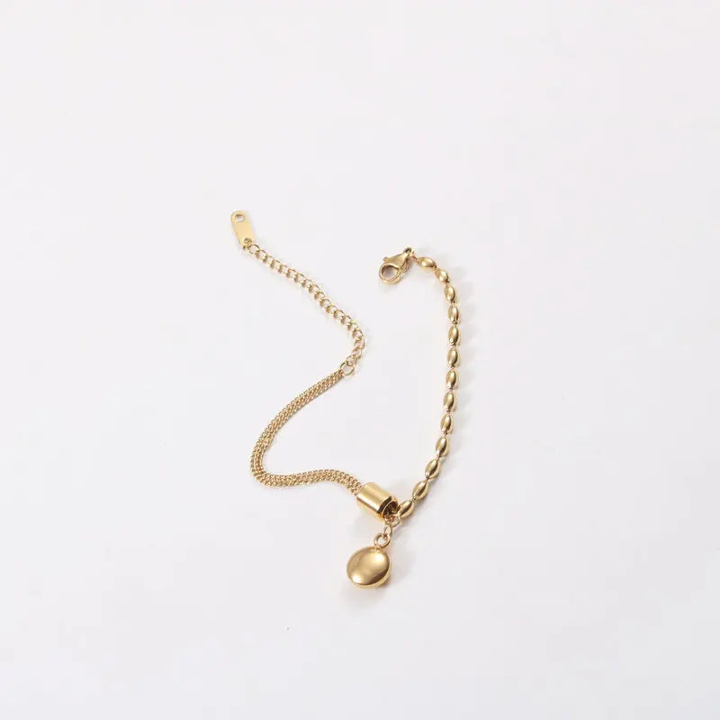 Fenny 18K PVD Gold Plated Wholesale No Fade Chic Delicate Rice Beads Mixed Chain Smooth Round Pendant Stainless Steel Bracelet