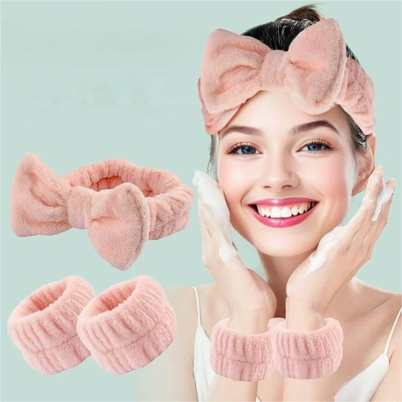 Women Flannel Spa Facial Wristband and Headband Set Makeup Wrist Washband and Bow Scrunchie for Skincare Bathroom Accessory