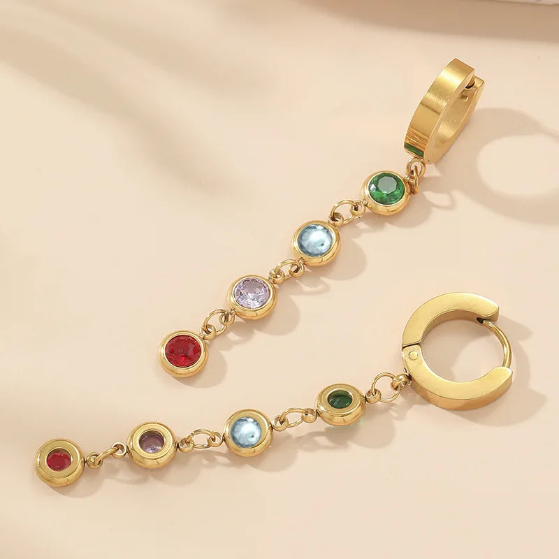 Custom High Polish Gold Plated Stainless Steel Rainbow CZ Setting Tassel Hoop Earring for Women
