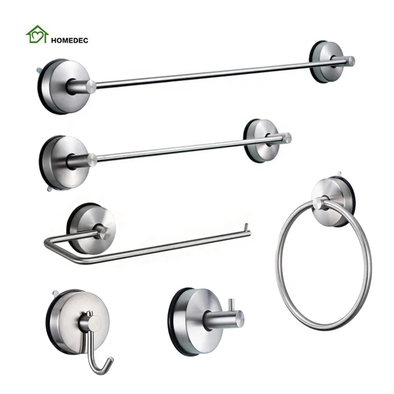 6 Piece Eco-Friendly Modern 304 Stainless Steel No Drilling Suction Cup Chrome Wall Mounted Toilet Paper Holder Bathroom