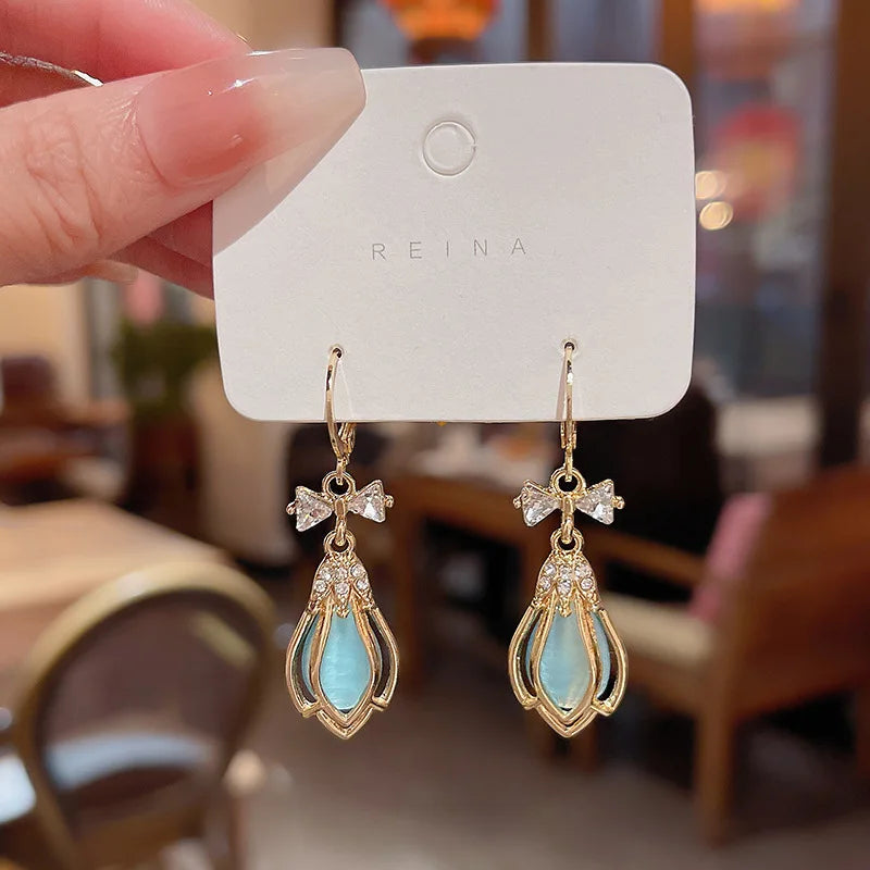 S925 Silver Needle Light Luxury Niche Zircon Tulip Earrings for Women Shiny Jewlery 925 Silver Pin Blue Opal Earrings