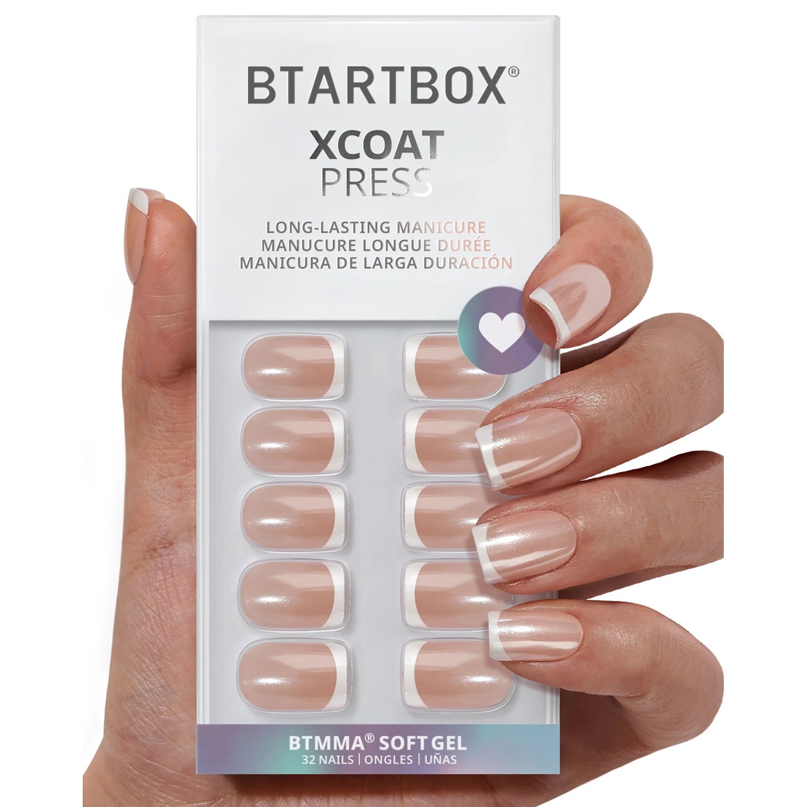 BTARTBOX 32pcs XCOAT Chrome French Tip Press on Nails En Gros Wholesale Short Square Soft Gel Stick on False Fake Nails Tips