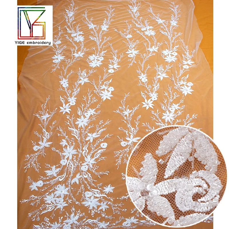 New French White 3d Shining Beaded With Sequins Flower Fabric Lace  for Wedding Bridal Dress Fabric