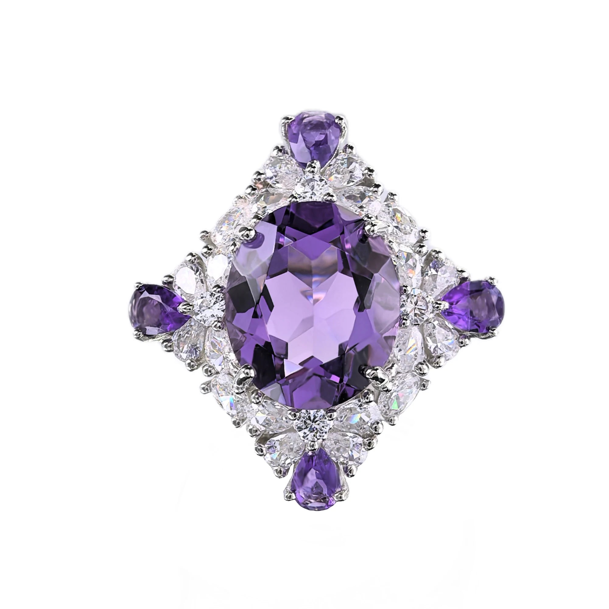925 Silver Jewelry Sparkling Rhodium Plating Adjustable Natural Amethyst Gemstone Ring Oval Cut Diamond for Weddings Parties