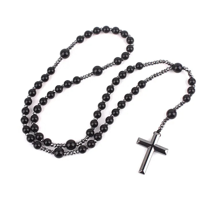 SC Classic Men Religious Hematite Cross Necklace Fashion 8mm Natural Tiger Eye Stone Black Agate Beaded Rosary Necklace 2023